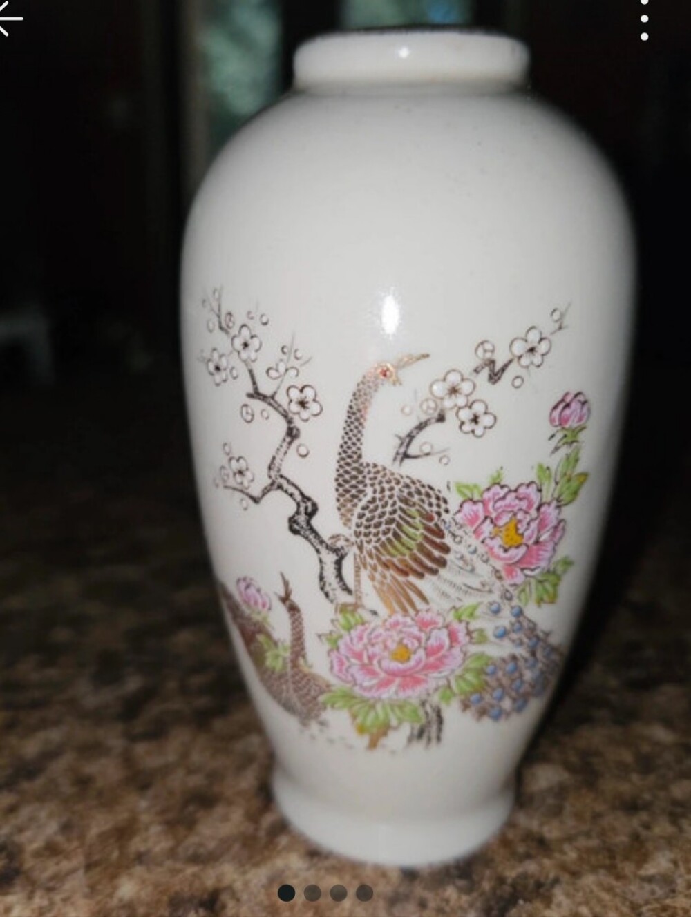 Mini White Ceramic Vase with Pink Floral & Peacock Motif